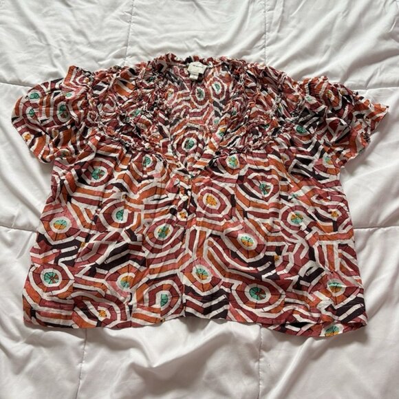 Anthropologie Tops - Maeve Anthropologie Short Sleeve Ruffle Yoke Blouse Shirt Top Womens Size Large